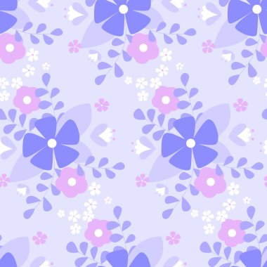 Seamless flower pattern. Flat botanical ornament in the purple color palette. Simple vector repeating texture.