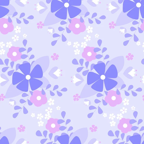 Seamless flower pattern. Flat botanical ornament in the purple color palette. Simple vector repeating texture.