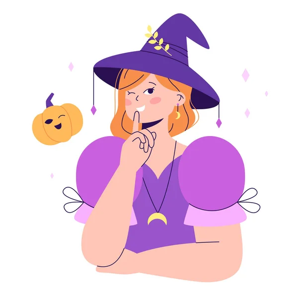 Halloween Cute Witch Smiling Woman Character Halloween Costume Pumpkin Flat — Stock Vector