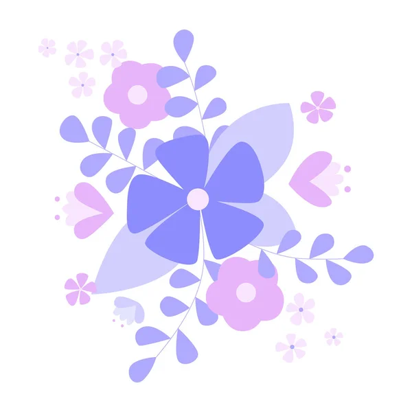 The motif of flowers. Floral design with purple flowers and leaves. Flat vector illustration.