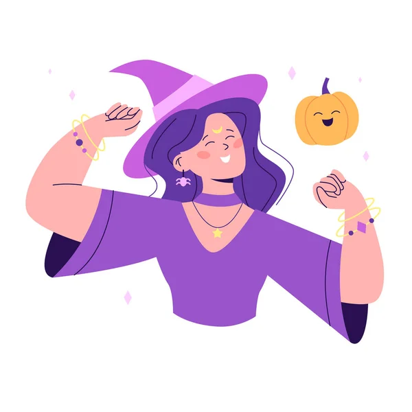 Halloween Cute Witch Smiling Woman Character Halloween Costume Pumpkin Flat — Stockvektor