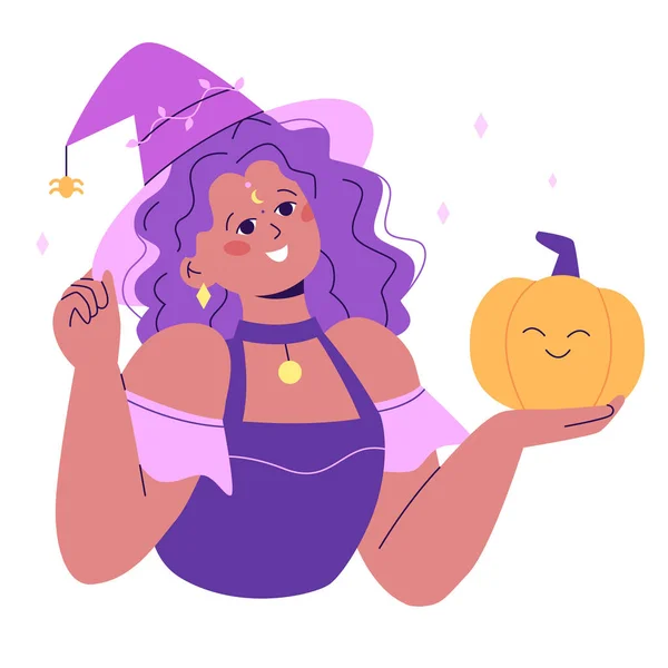 Halloween Cute Witch Smiling Woman Character Halloween Costume Pumpkin Flat — Stock Vector