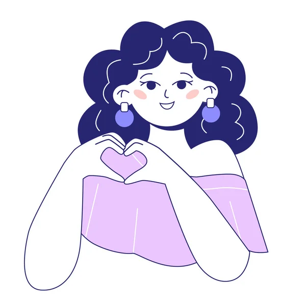 Aşk kavramı. Kendine çok iyi bak. Gülümseyen kadın elleriyle bir kalp gösterir. Beyaz arkaplanda izole.