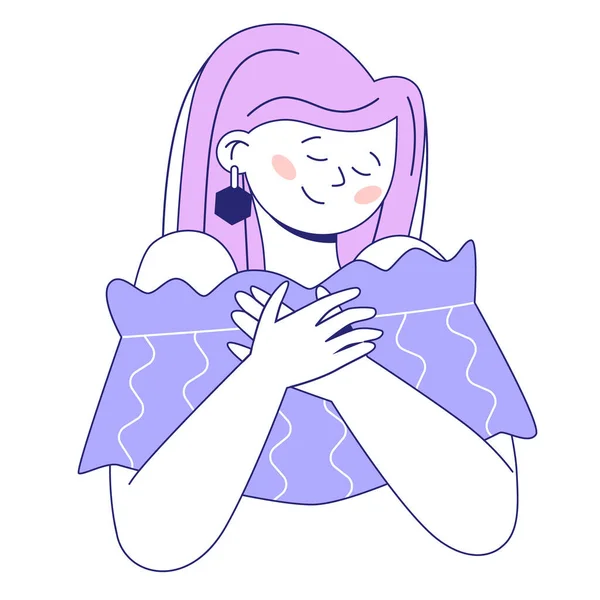 Aşk kavramı. Kendine çok iyi bak. Gülümseyen kadın ellerini göğsünde tutuyor. Beyaz arkaplanda izole illüstrasyon.