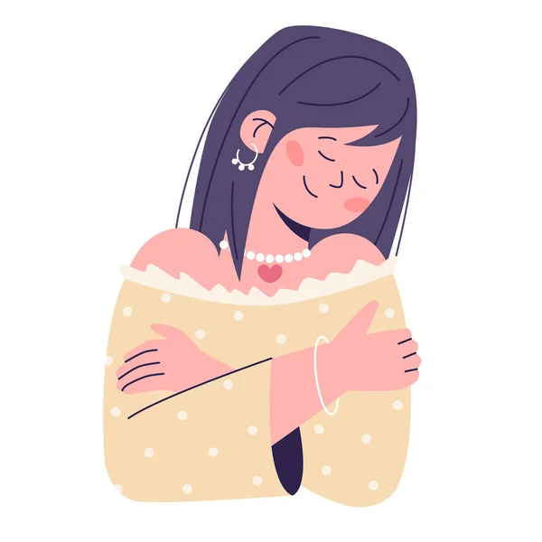 Concept Love Yourself Take Care Yourself Smiling Woman Hugging Herself Stock Illustration
