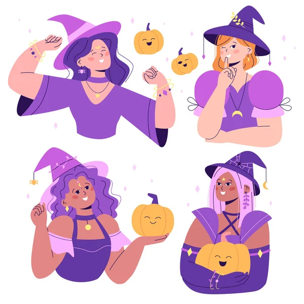 Set Women Halloween Costumes Collection Smiling Witches Different Poses Pumpkins Stock Vector