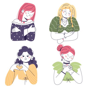 Kendilerini seven bir grup kadın. Kendi başının çaresine bakma kavramı. Kendini kucaklayan kadın koleksiyonu. Beyaz arkaplanda izole.