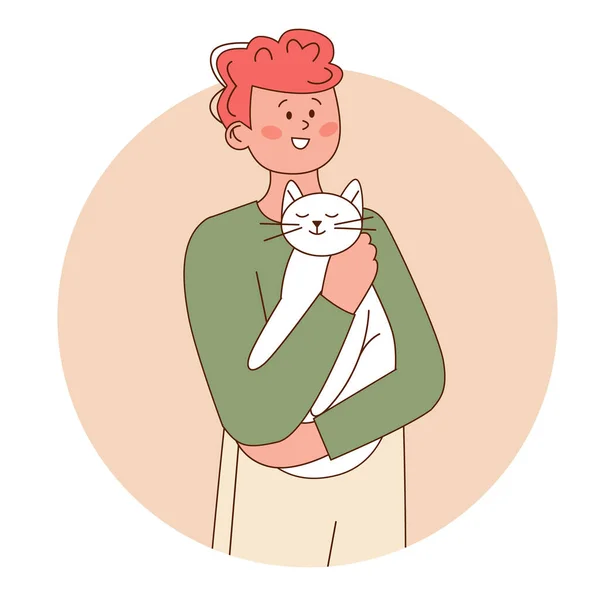 Kollarında beyaz kedi tutan bir adam. Evcil hayvan sevgisi kavramı. Tasarım ögesi çemberle izole edildi. Ana hatlı düz vektör.