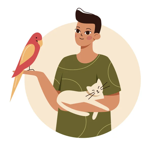 猫と鳥を抱いている男 ペットへの愛の概念 円を背景にデザイン要素 概要平面ベクトル — ストックベクタ