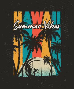 Tropik gün batımı plajı Hawaii klasik illüstrasyon tişörtü tasarımı