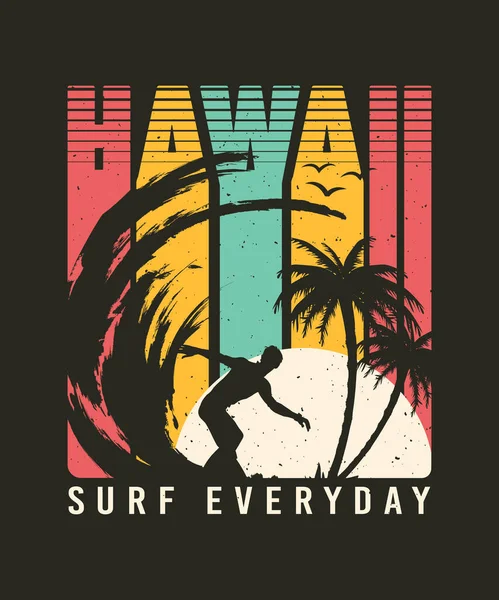 Hawaii Tropikal Palm View Sörf Retro Vintage Illustration