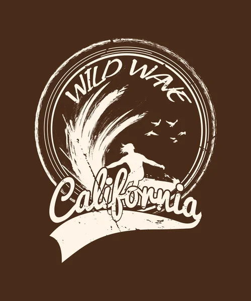 California Wild Wave Surf Tshirt Design Surfers — Vetor de Stock