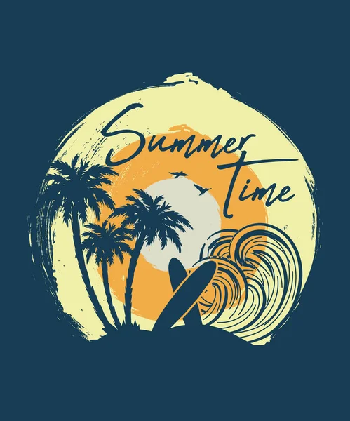 Summertime Retro Palm Beach Surfboard Shirt Design — Image vectorielle