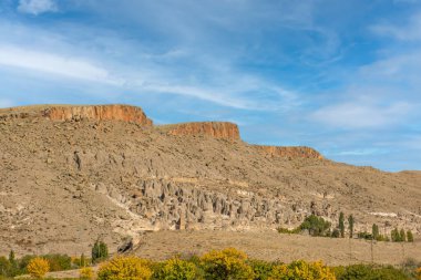 Kapadokya Vadisi, Türkiye 'deki peri bacaları. Cappadocia 'da peri bacası olarak bilinen mantar şekilli kayalar. Kayalara oyulmuş eski kiliseler ve evler.