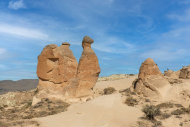 Devrent Valley ve Türkiye 'nin Kapadokya kentindeki peri bacaları. Devrent Valley, Kapadokya 'nın en popüler turistik yerlerinden biridir. Deve şeklinde kaya ya da peri bacası. Seçici odak.