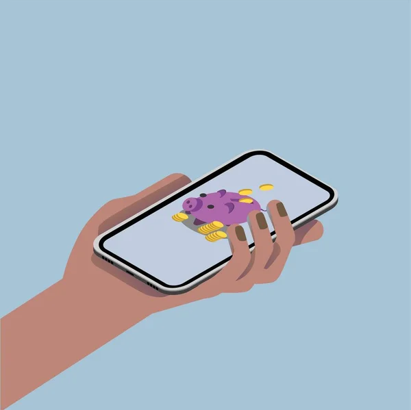 Illustration Isométrique Couleur Une Main Avec Smartphone Tirelire Écran Les — Image vectorielle