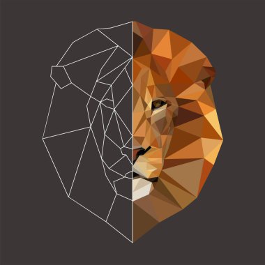 Çokgen aslan başı. Aslan. Alçak polyester hayvan. Geometrik aslan. Doğrusal Aslan. Yarı doğrusal yarı çokgen hayvan.