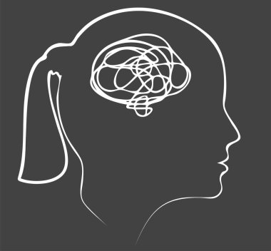 Kadın kafasının doğrusal silueti. Simge. Yüzün düz çizimi. Baş simge. Bir kızın silueti. Kadın avatar. Doğrusal avatar. İntrapersonal çatışma. Depresyon. Karışıklık. Psikoloji