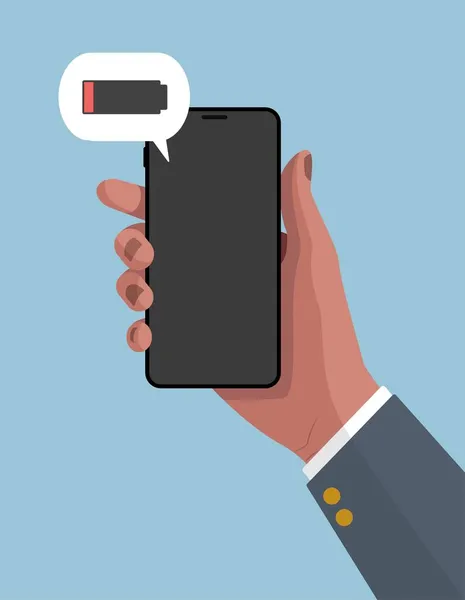 Main Avec Smartphone Homme Affaires Smartphone Main Batterie Est Vide — Image vectorielle