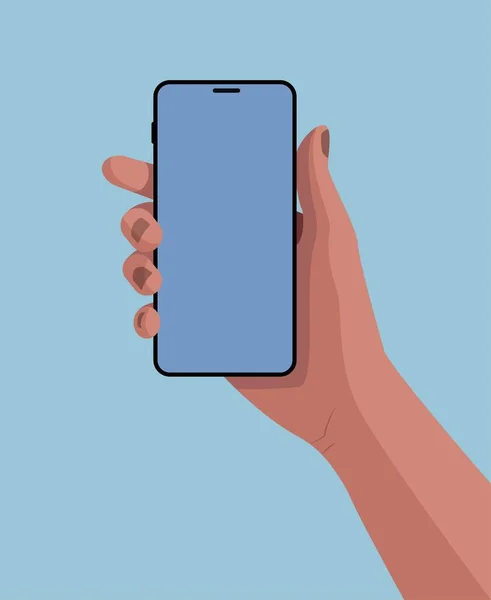 Mão Com Smartphone Mão Segurando Smartphone Fundo Azul Ilustração Colorida Gráficos Vetores