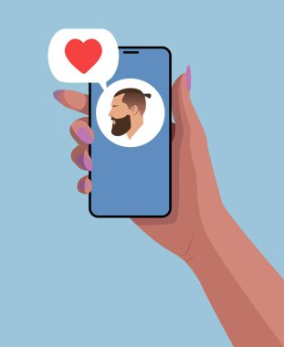 Akıllı telefonlu bir kız eli ve yürekli bir konuşma balonu. Adam yüz avatarı. El ele tutuşan akıllı telefon. Mavi arka plan. Düz Çizim.