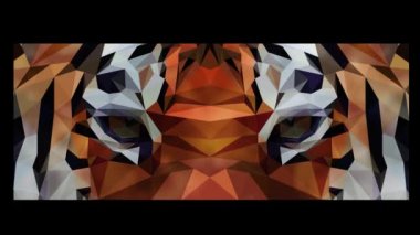 Kaplan başı, parlak ışıklarla parıldıyor. Çokgen kaplan kafası. Kaplan. Geometrik kaplan.