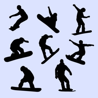 Snowboardcular. Sekiz siluet snowboardcu. Snowboardcuların gölgeleri. Bir grup snowboardcu silueti. Kalıplar