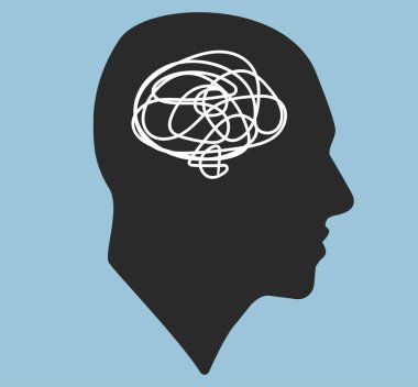 Erkek kafasının silueti. Simge. Yüzün düz çizimi. Baş simge. Bir adamın silueti. İnsan avatarı. İntrapersonal çatışma. Depresyon. Karışıklık. Psikoloji