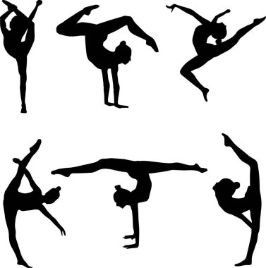 Rhythmic gymnasts. Six silhouettes of gymnasts. The shadows of the gymnasts. A set of silhouettes of gymnasts. Stencils clipart