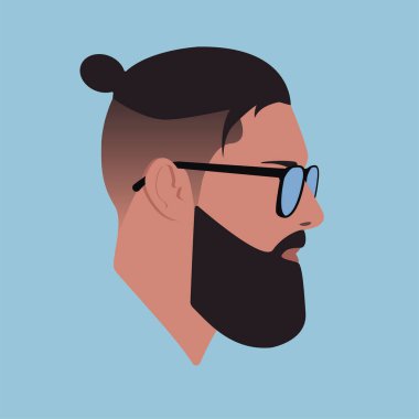 Siluet. Yüzü. Gözlüklü adam. Mavi arka planda üst düğümlü saçlı gözlüklü bir erkek. İnsan kafası silueti. Erkek Düz Renkli Çizim. 