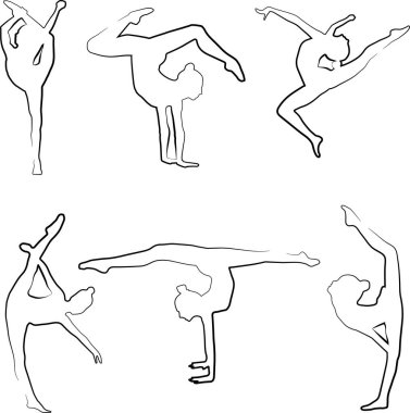 Ritmik jimnastikçiler. Altı doğrusal jimnastikçi silueti. Jimnastikçilerin gölgeleri. Bir grup jimnastikçi silueti. Kalıplar