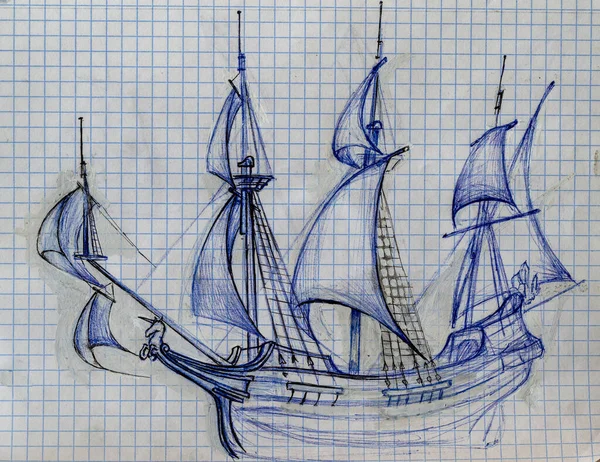Federzeichnung Eines Segelschiffs Bleistift Auf Papier — Stockfoto