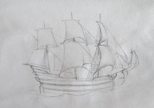 Pencil drawing of sailing ship, pencil on paper