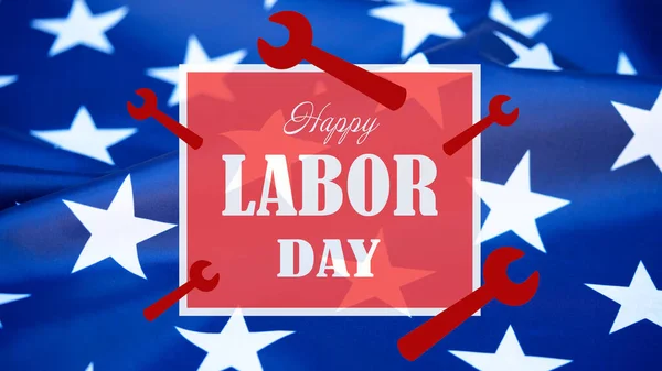 Шаблон Поздравительной Открытки Днем Труда Размахивание Американским Флагом Буквами Рабочими — стоковое фото