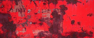 Soyut grunge kırmızı, yıpranmış, eski, eskimiş renkli, paslanmış, metal, çelik, duvar desenli arka plan afişi.