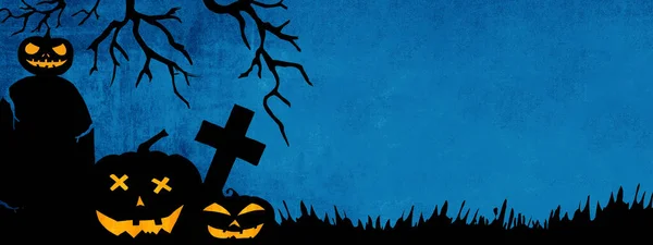 Halloween Plantilla Banner Fondo Silueta Espeluznantes Calabazas Dibujos Animados Luminosos —  Fotos de Stock