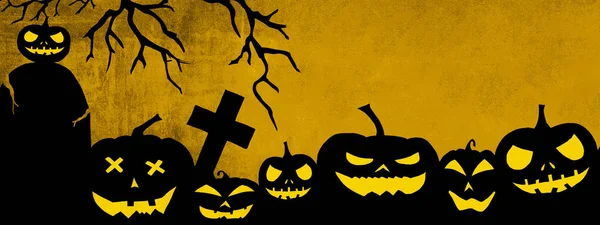 Halloween Background Banner Wide Panoramic Panorama Template Silhouette Scary Carved — Stockfoto