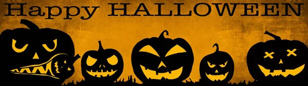 Halloween Sfondo Banner Ampio Panorama Panoramico Modello Silhouette Zucche Fumetto — Foto Stock