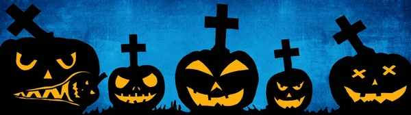 Halloween Background Template Silhouette Scary Carved Luminous Cartoon Pumpkins Cross — Stok fotoğraf