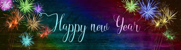 Frohes Neues Jahr Silvester Hintergrund Banner Panorama Lang Buntes Feuerwerk — Stockfoto