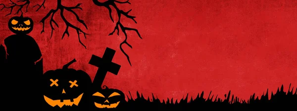 ハロウィンの背景バナーテンプレート 墓地の暗い赤い夜のテクスチャに隔離された恐ろしい彫刻された明るい漫画のカボチャ 木や十字架のシルエット — ストック写真