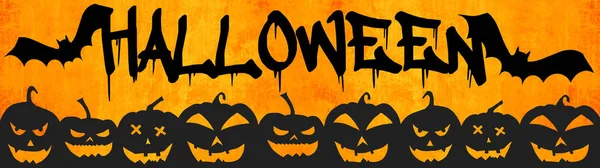 Hallowen ハロウィーン の背景バナーワイドパノラマテンプレート 恐ろしい彫刻された明るい漫画のカボチャのシルエットと暗いオレンジ色の夜のテクスチャに隔離 — ストック写真