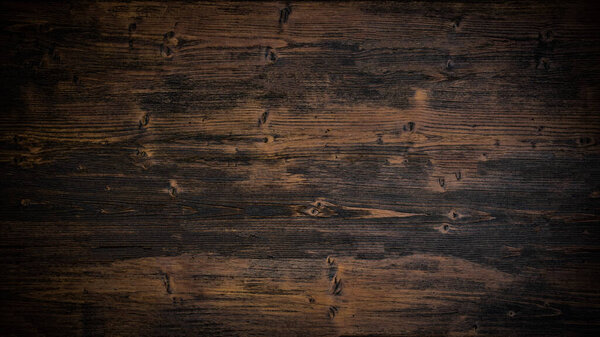 Old brown rustic weathred dark grunge wooden timber table wall board texture - wood background banner top view