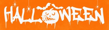 HALLOWEEN background banner wide panoramic panorama template -Silhouette of scary carved luminous cartoon pumpkin, bats and spiders isolated on orange texture