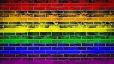 LGBT Arkaplanı - Gökkuşağı bayrağıyla boyanmış tuğla duvar - ahşap doku