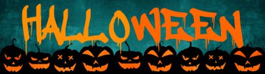 HALLOWEEN background banner wide panoramic panorama template -Silhouette of scary carved luminous cartoon pumpkins hanging isolated on dark turquoise texture