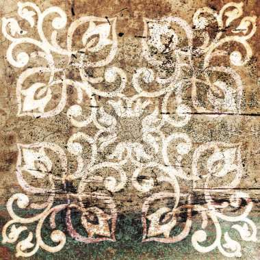 Kusursuz, eski, yıpranmış kahverengi, paslı, paslı, eskimiş, döküntü döşeme motifleri taş beton beton duvar dokusu, süslü çiçek yaprağı desenli arka plan karesi.