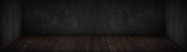 Koyu gri antrasit beton duvar ve rustik ahşap zemin / boş 3D stüdyo odası, sergi ürünleri için iç doku, duvar arkaplan panorama mimarisi