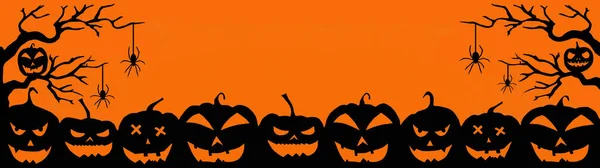 Halloween Háttér Banner Széles Panoráma Sablon Silhouette Ijesztő Faragott Világító — Stock Fotó