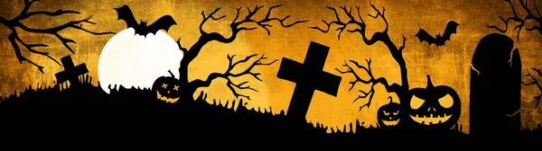 Halloween Háttér Banner Széles Panoráma Sablon Silhouette Ijesztő Faragott Világító — Stock Fotó